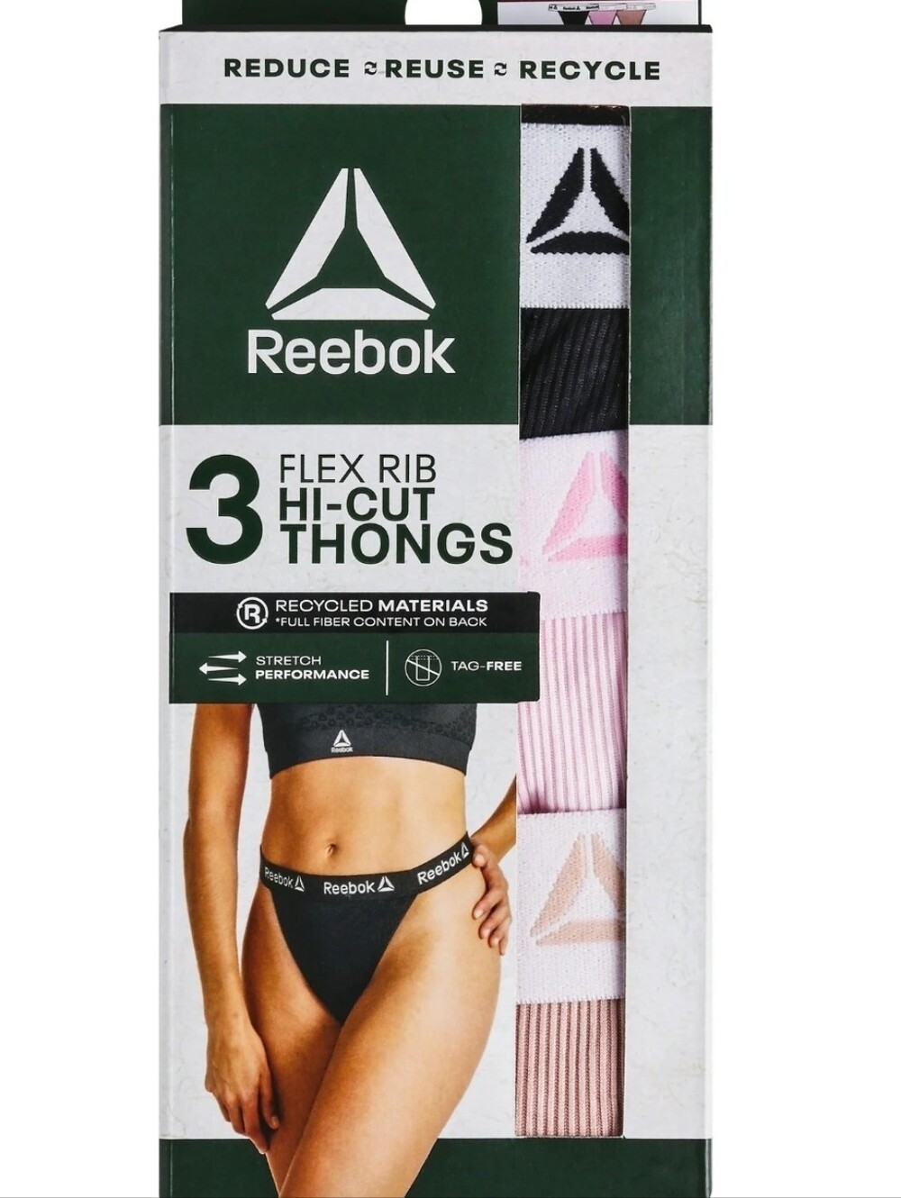 Reebok 3-Pack Flex Rib Hi-Cut Thongs - Black, White, Pink